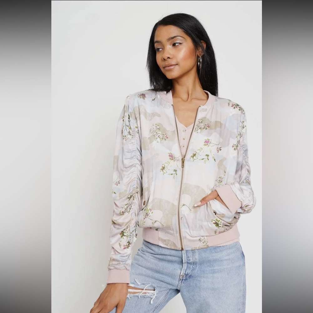 Mystree Rose Printed Bomber Jacket Ruched Sleeve W/Pockets LARGE NWT